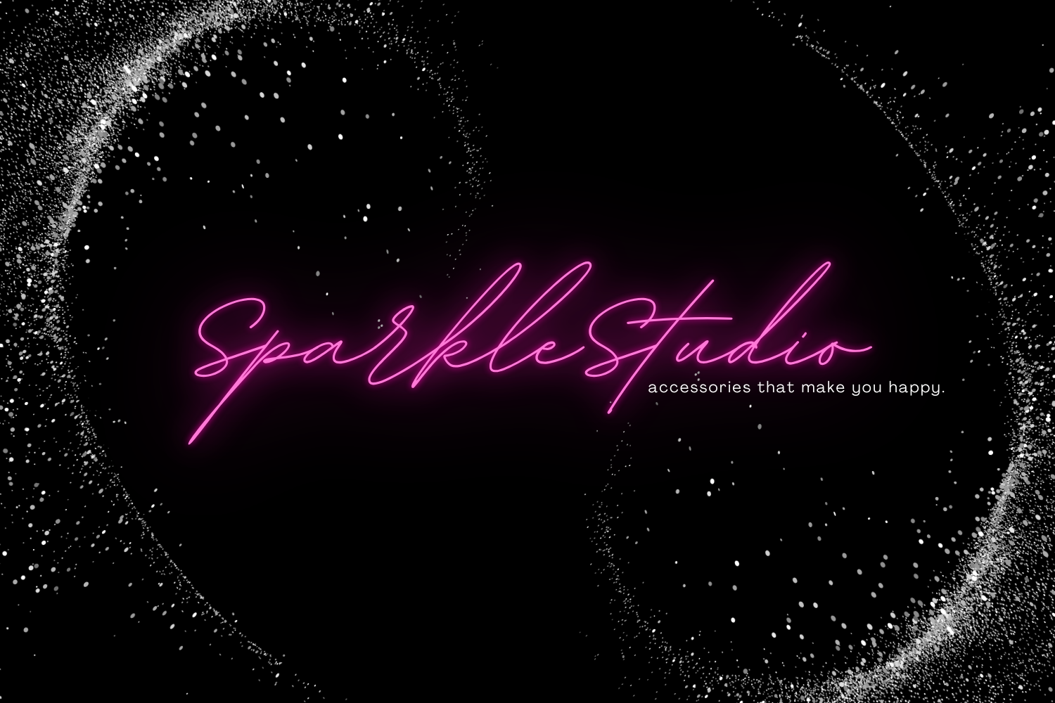 Sparkle Studio logo in pink on a black background with star-like dots